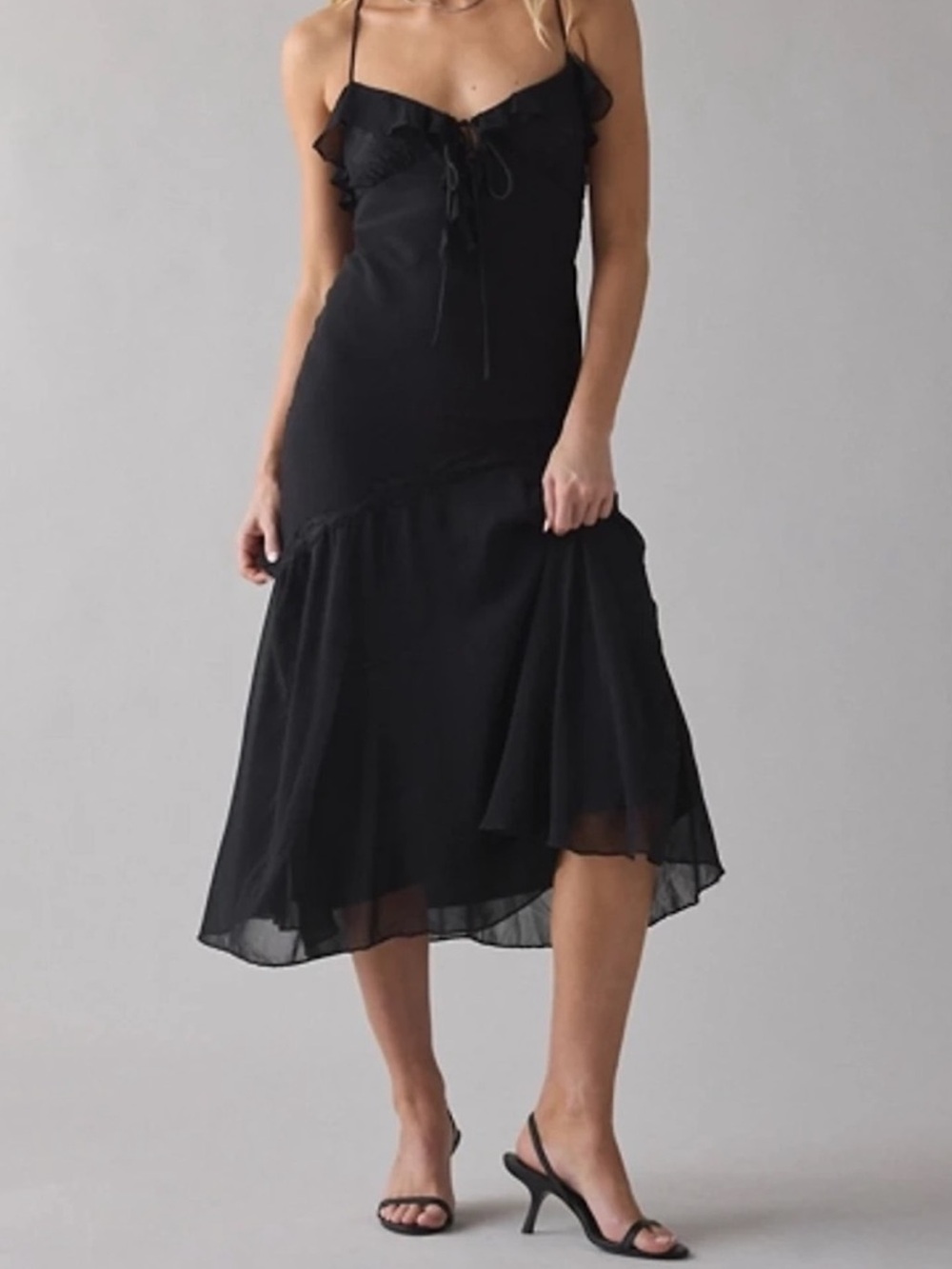 Kimchi Blue Black Ruffle Slip Midi Dress S